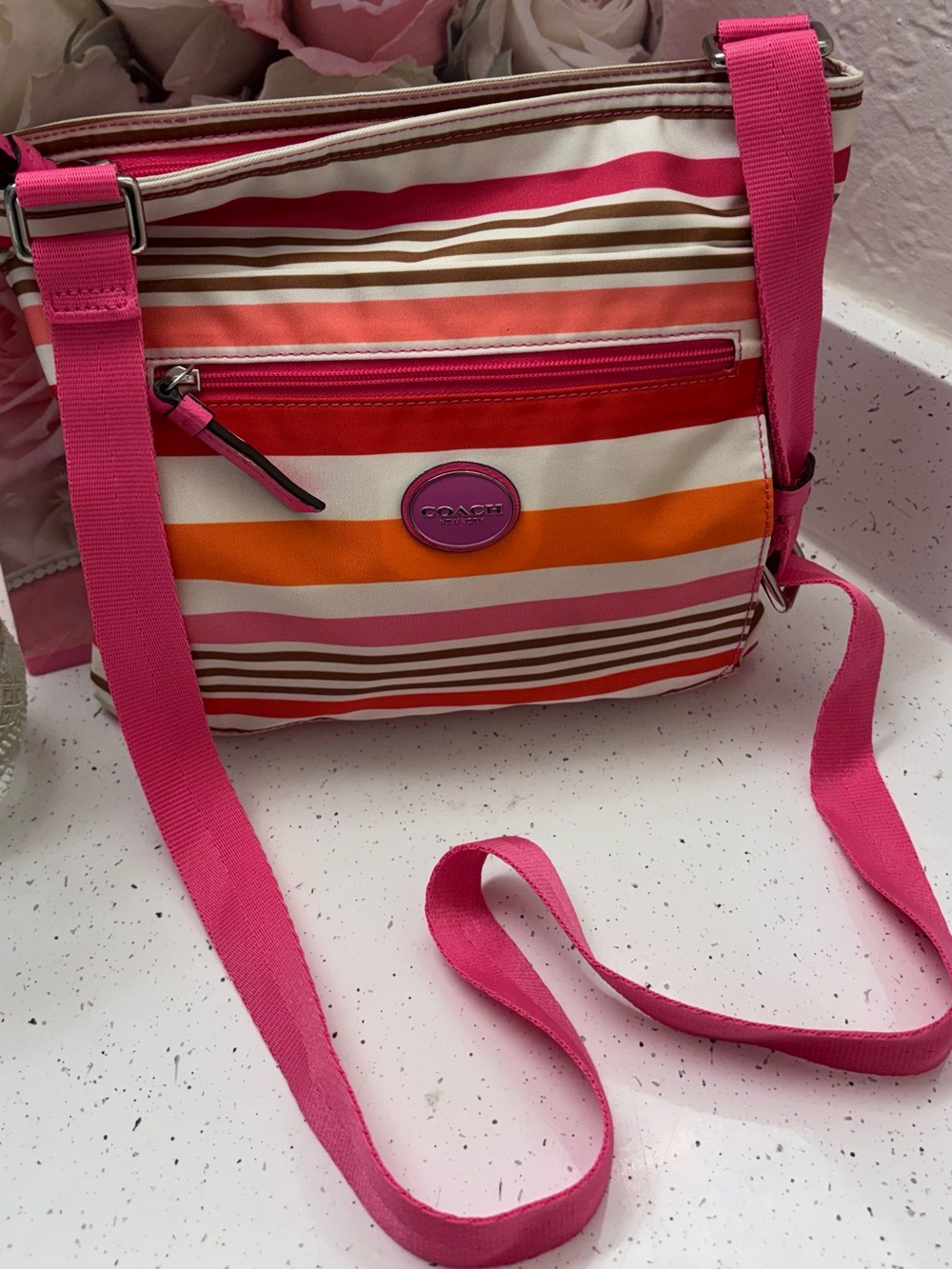 Coach Pink, Orange and Brown Striped Crossbody Bag